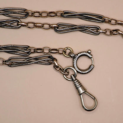 Antique Victorian Niello Silver Pocket Watch Chain Necklace: 9k Rose Gold Vermeil MB34