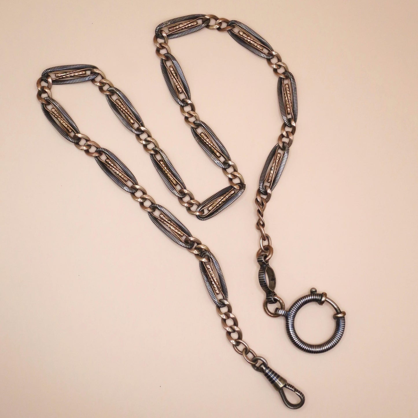 Antique Victorian Niello Pocket Watch Chain Necklace: 800 Silver & 12k Rose Gold Gilt MB31