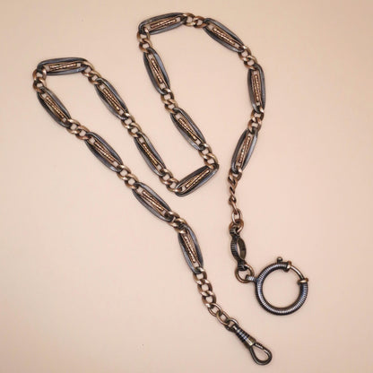 Antique Victorian Niello Pocket Watch Chain Necklace: 800 Silver & 12k Rose Gold Gilt MB31