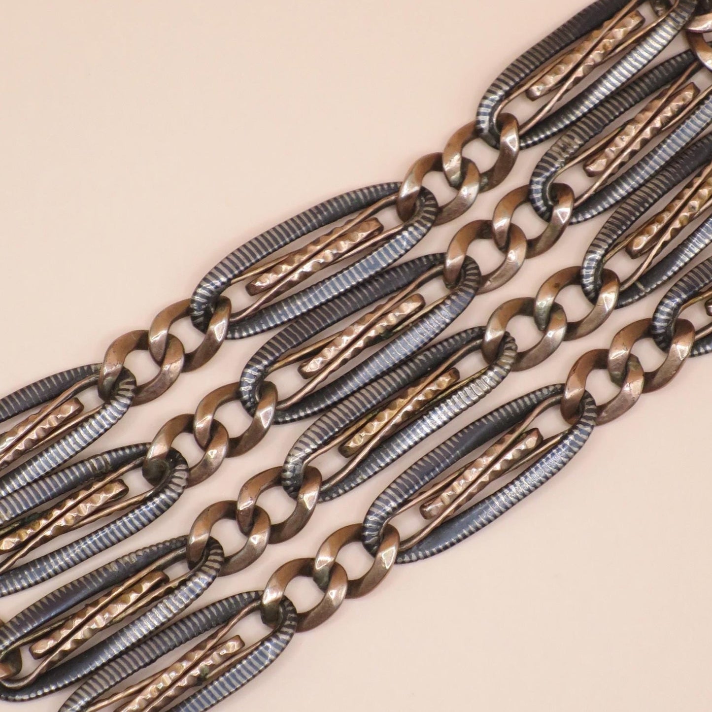 Antique Victorian Niello Pocket Watch Chain Necklace: 800 Silver & 12k Rose Gold Gilt MB31