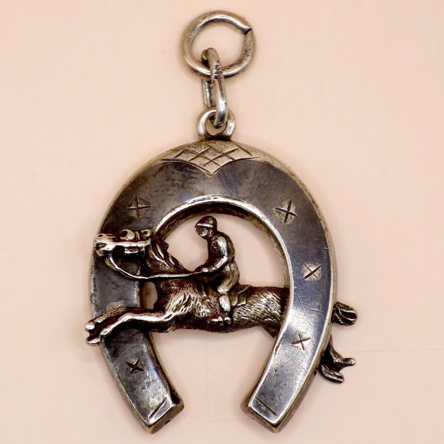 Antique Victorian 800 Niello Silver Equestrian Horseshoe Horse Head Charm N15