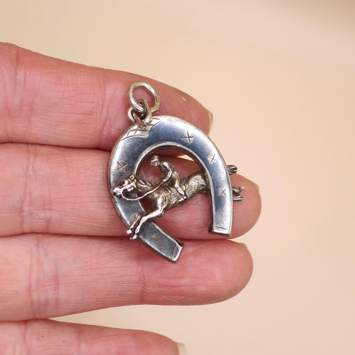 Antique Victorian 800 Niello Silver Equestrian Horseshoe Horse Head Charm N15