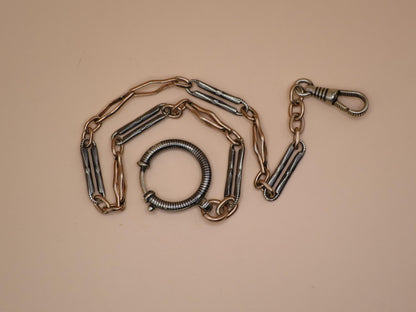 Antique Victorian Niello 800 Silver & 9k Rose Gold Pocket Watch Chain Bracelet MB36