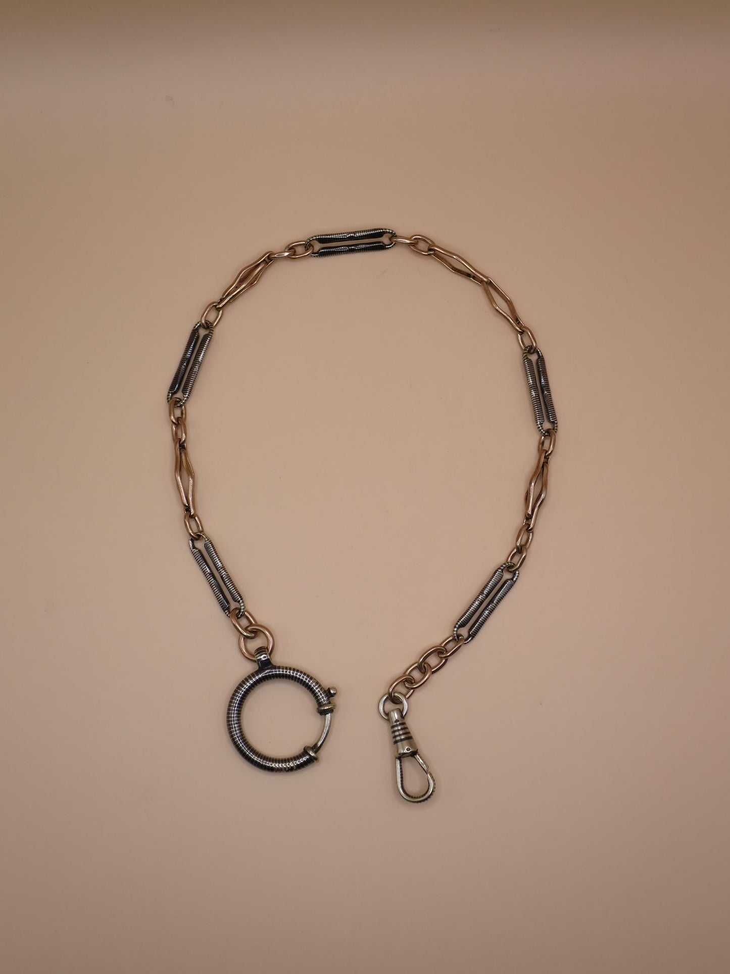 Antique Victorian Niello 800 Silver & 9k Rose Gold Pocket Watch Chain Bracelet MB36
