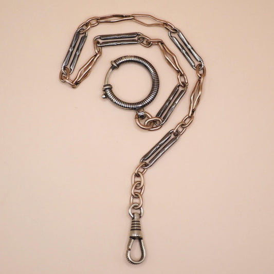 Antique Victorian Niello 800 Silver & 9k Rose Gold Pocket Watch Chain Bracelet MB36