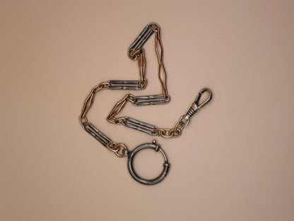 Antique Victorian Niello 800 Silver & 9k Rose Gold Pocket Watch Chain Bracelet MB36