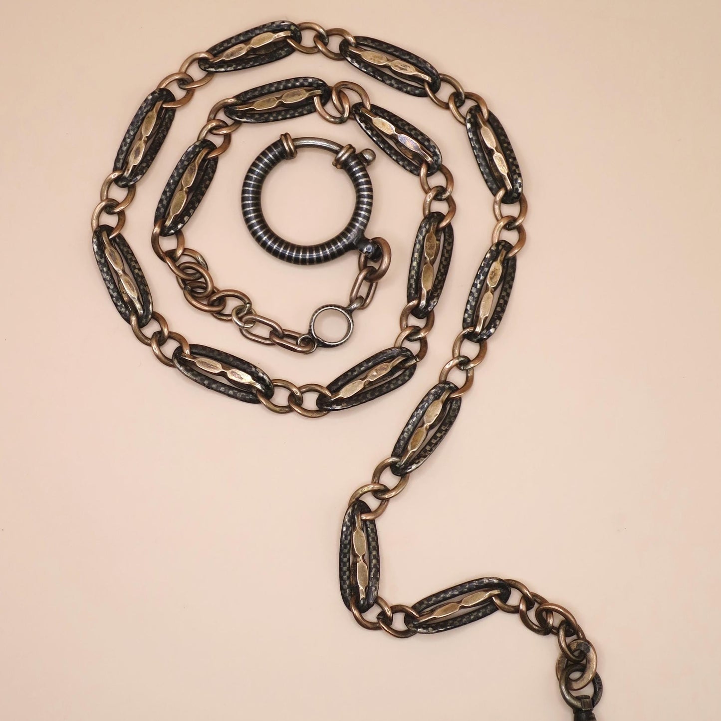 Antique Victorian Niello 800 Silver Vermeil Pocket Watch Chain Necklace MB32