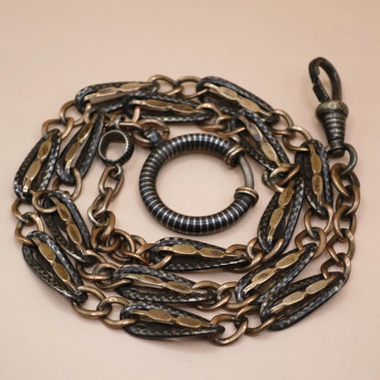 Antique Victorian Niello 800 Silver Vermeil Pocket Watch Chain Necklace MB32