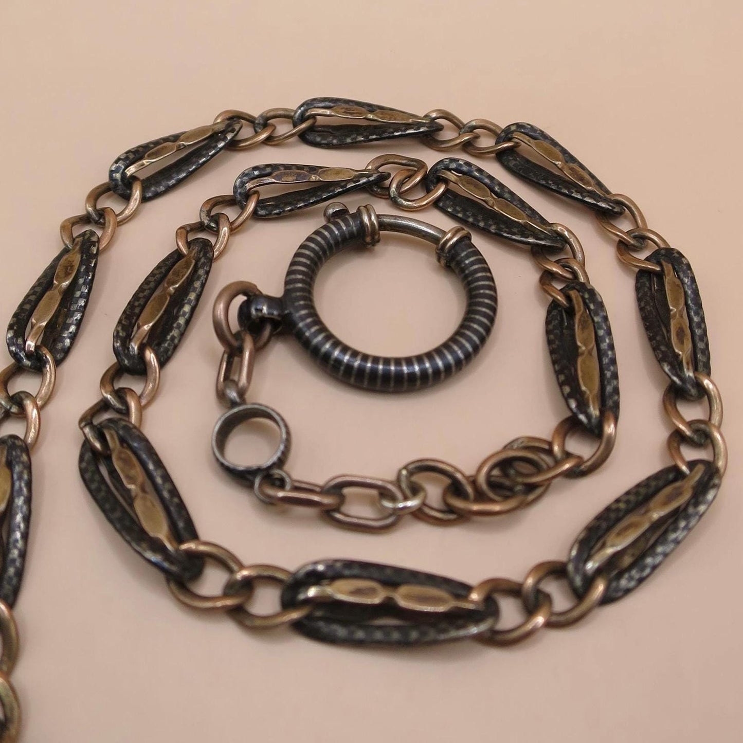 Antique Victorian Niello 800 Silver Vermeil Pocket Watch Chain Necklace MB32
