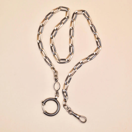 Antique Niello 800 Silver Pocket Watch Chain Necklace: Rose Gold Gilt Victorian MB62