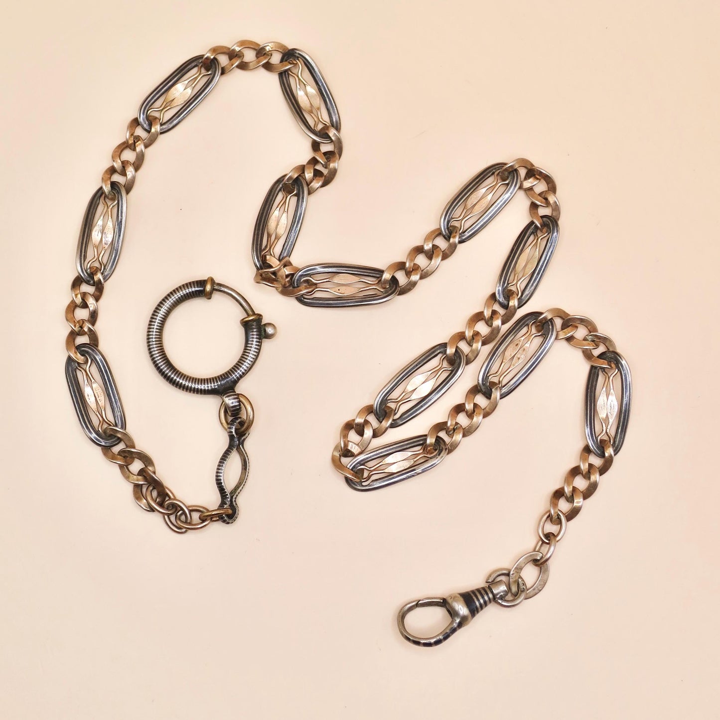 Antique Niello 800 Silver Pocket Watch Chain Necklace: 9k Rose Gold Vermeil MB52