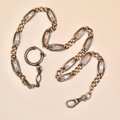Antique Niello 800 Silver Pocket Watch Chain Necklace: 9k Rose Gold Vermeil MB52