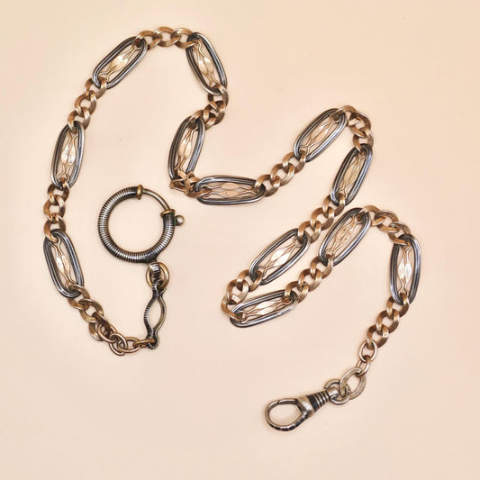Antique Niello 800 Silver Pocket Watch Chain Necklace: 9k Rose Gold Vermeil MB52
