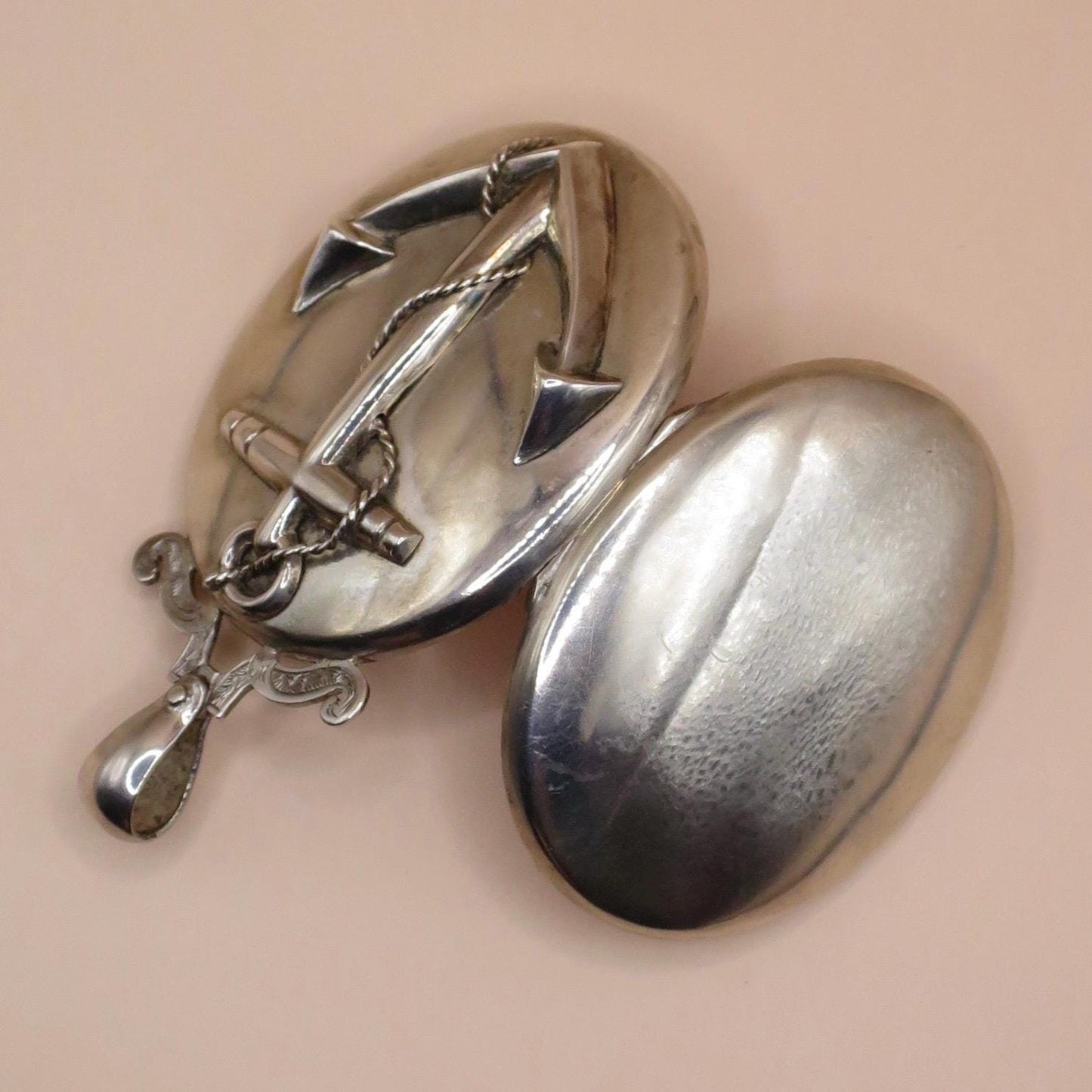 Antique Victorian Sterling Silver Anchor Oval Locket Pendant