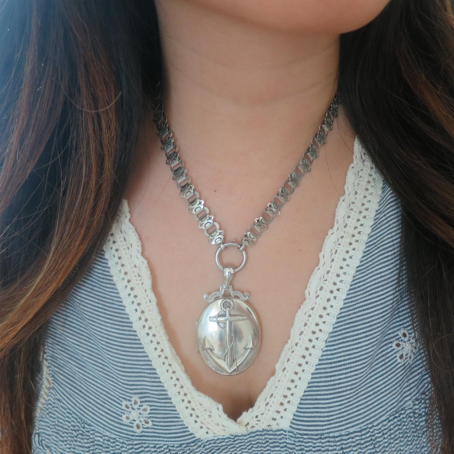 Antique Victorian Sterling Silver Anchor Oval Locket Pendant
