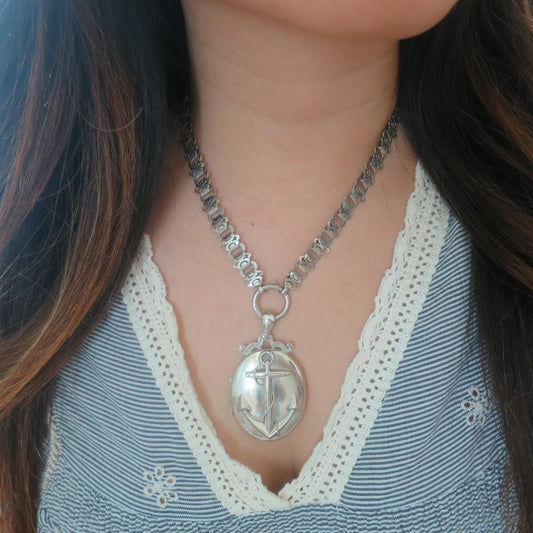 Antique Victorian Sterling Silver Anchor Oval Locket Pendant