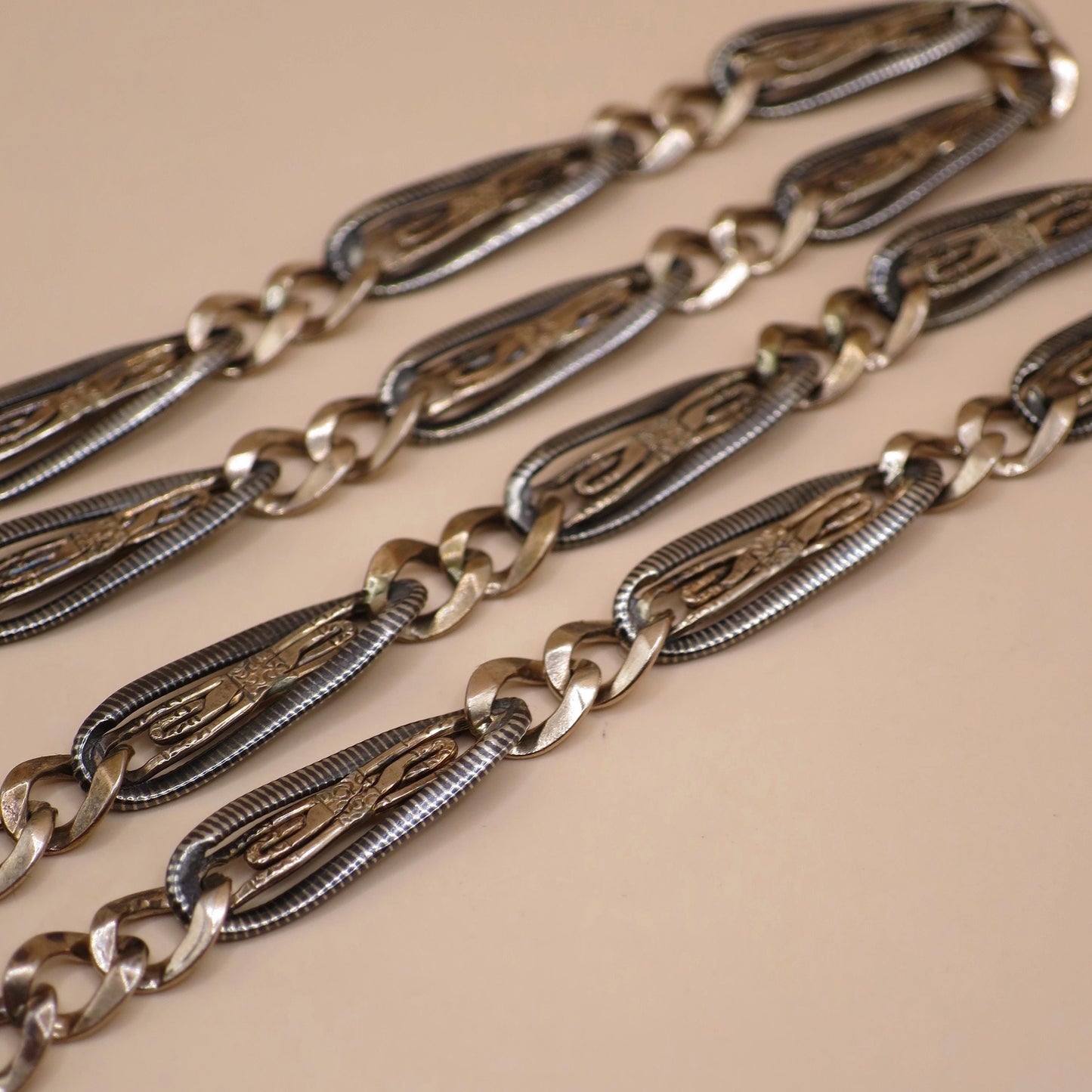 Antique Niello Pocket Watch Chain Necklace: 800 Silver & 9k Rose Gold Vermeil MB35