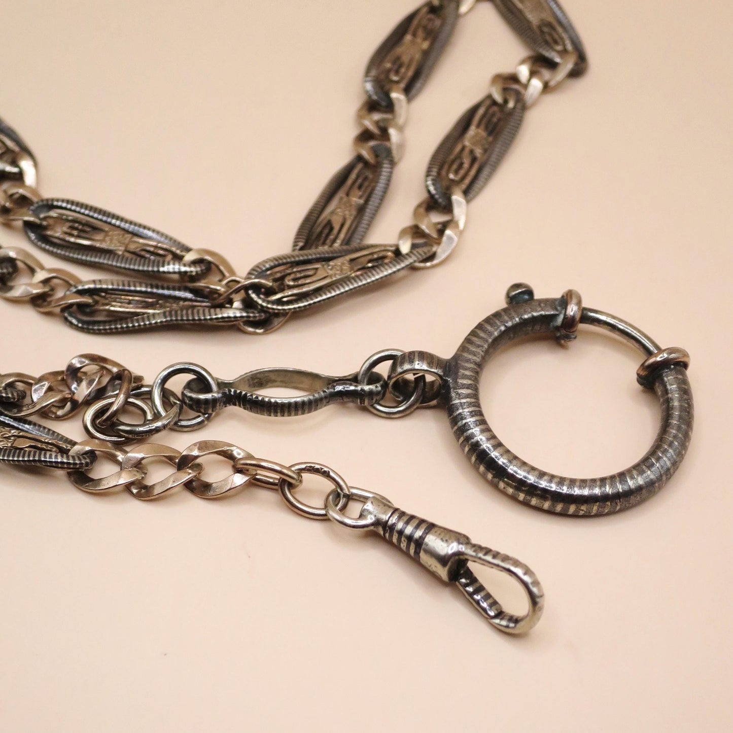 Antique Niello Pocket Watch Chain Necklace: 800 Silver & 9k Rose Gold Vermeil MB35