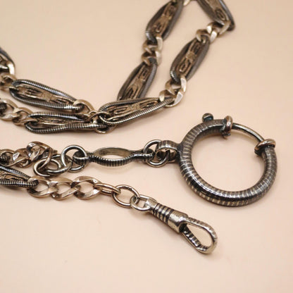 Antique Niello Pocket Watch Chain Necklace: 800 Silver & 9k Rose Gold Vermeil MB35