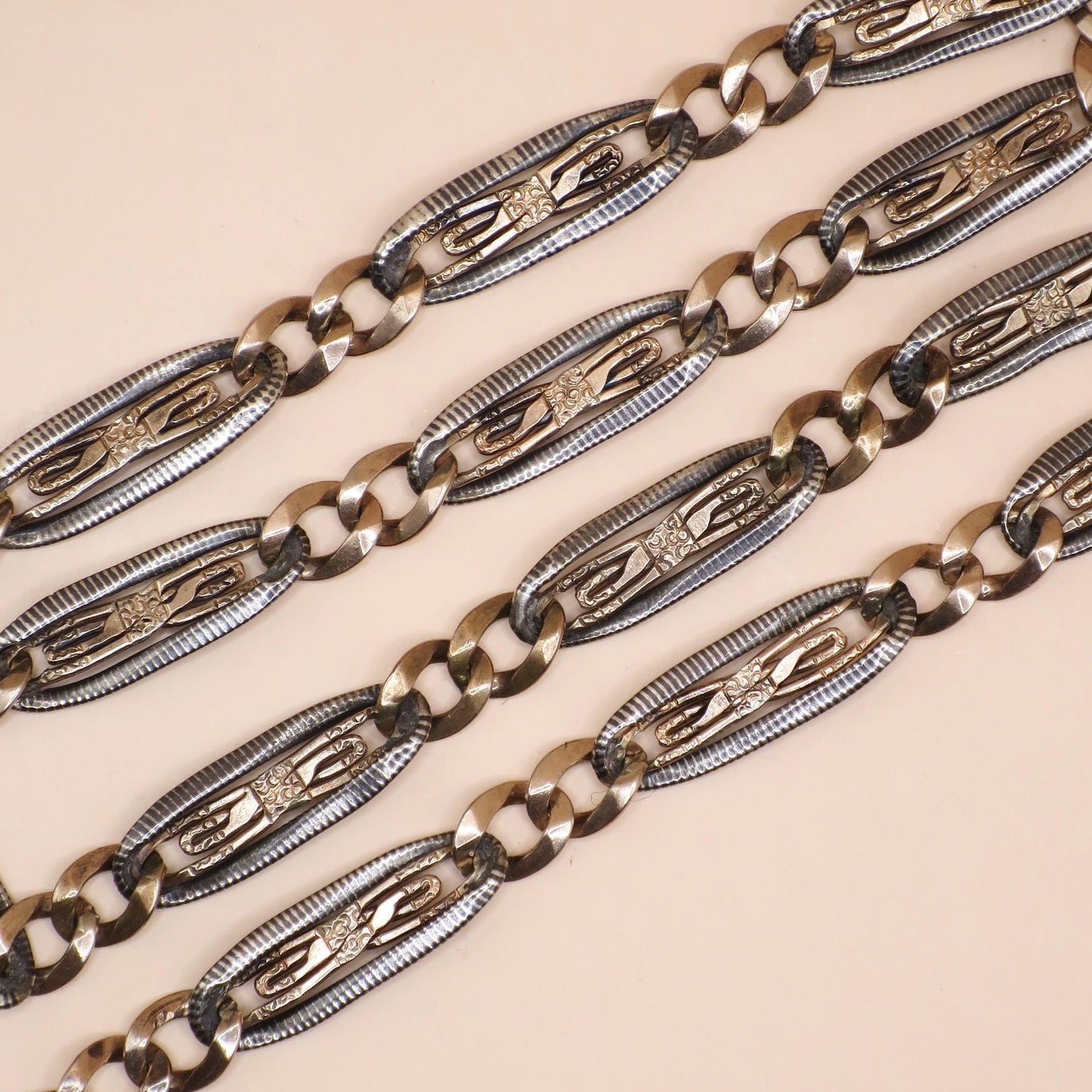 Antique Niello Pocket Watch Chain Necklace: 800 Silver & 9k Rose Gold Vermeil MB35