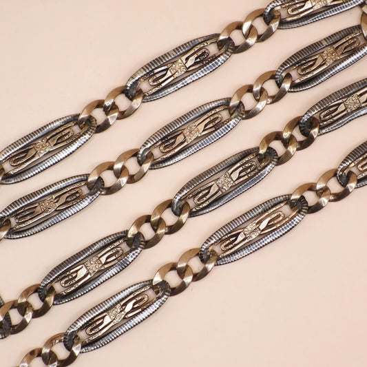 Antique Niello Pocket Watch Chain Necklace: 800 Silver & 9k Rose Gold Vermeil MB35