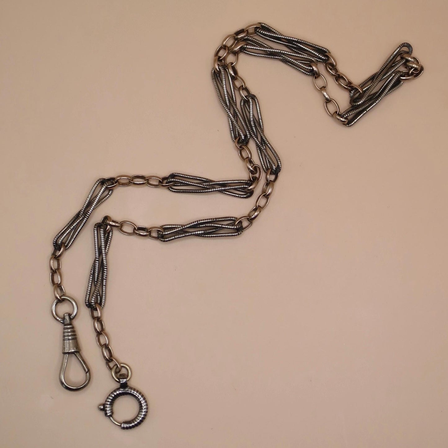 Antique Victorian Niello Silver Pocket Watch Chain Necklace: 9k Rose Gold Vermeil MB34
