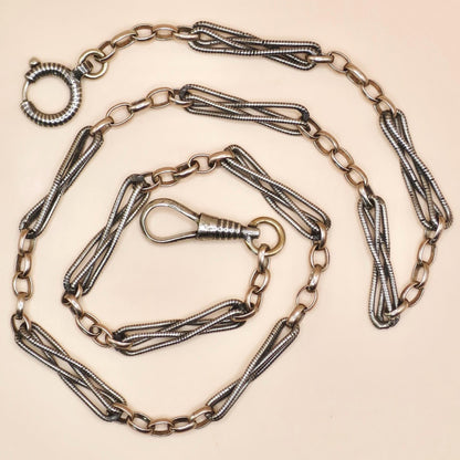 Antique Victorian Niello Silver Pocket Watch Chain Necklace: 9k Rose Gold Vermeil MB34