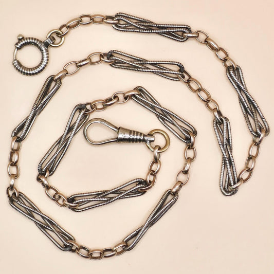 Antique Victorian Niello Silver Pocket Watch Chain Necklace: 9k Rose Gold Vermeil MB34