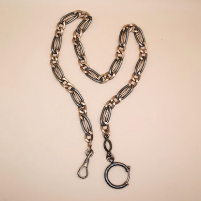 Antique Victorian Niello Silver Pocket Watch Chain Necklace: 9k Rose Gold Gilt MB17