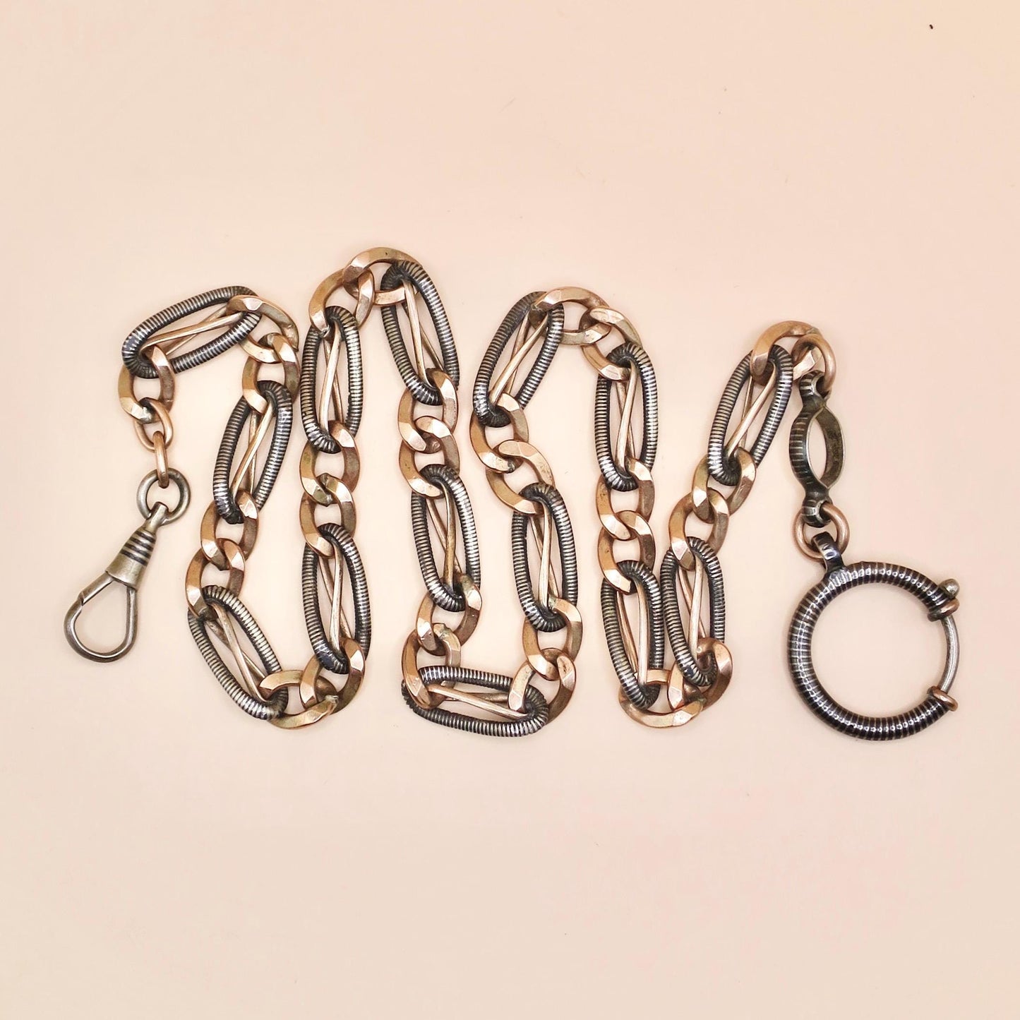 Antique Victorian Niello Silver Pocket Watch Chain Necklace: 9k Rose Gold Gilt MB17
