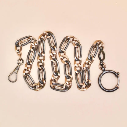 Antique Victorian Niello Silver Pocket Watch Chain Necklace: 9k Rose Gold Gilt MB17