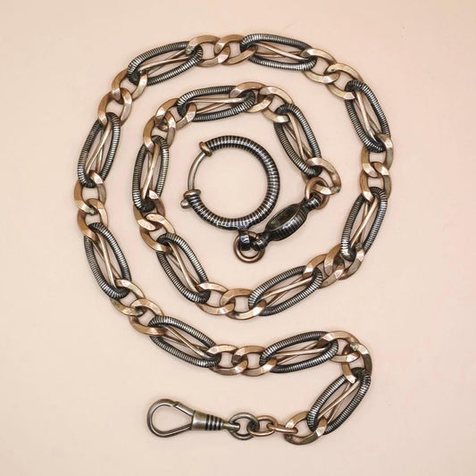 Antique Victorian Niello Silver Pocket Watch Chain Necklace: 9k Rose Gold Gilt MB17