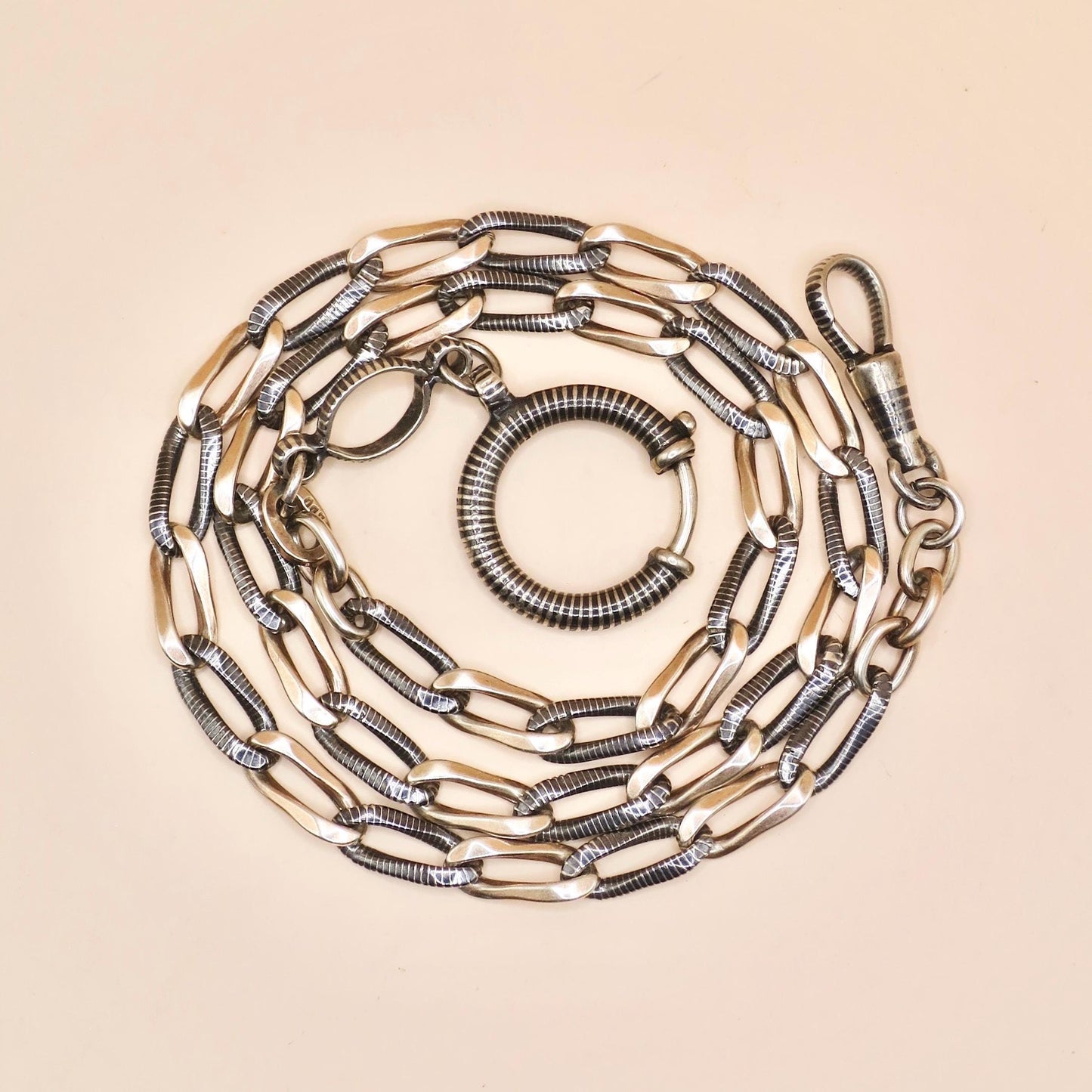 Antique Victorian Niello 800 Silver Pocket Watch Chain Necklace: Rose Gold Gilt Victorian MB62