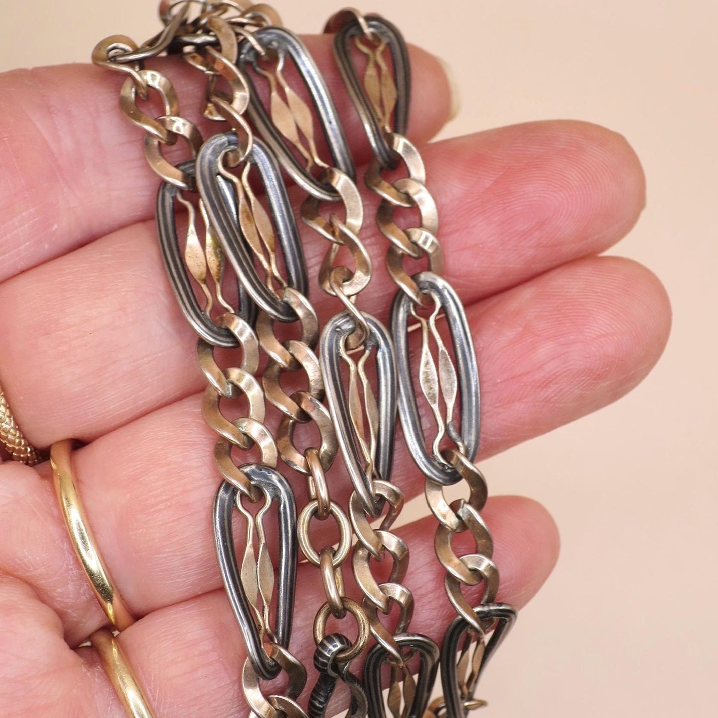 Antique Niello 800 Silver Pocket Watch Chain Necklace: 9k Rose Gold Vermeil MB52