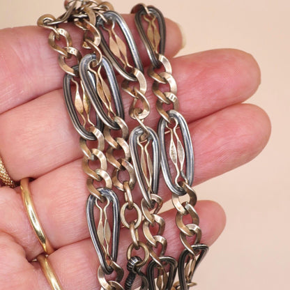Antique Niello 800 Silver Pocket Watch Chain Necklace: 9k Rose Gold Vermeil MB52
