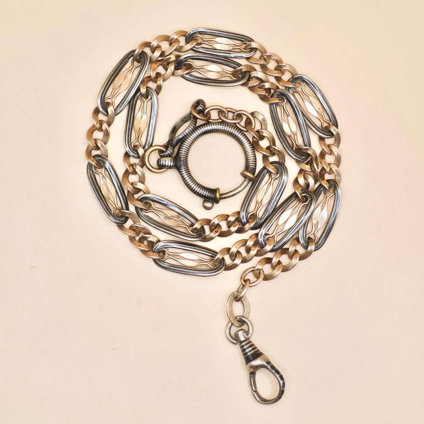 Antique Niello 800 Silver Pocket Watch Chain Necklace: 9k Rose Gold Vermeil MB52