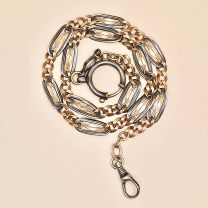 Antique Niello 800 Silver Pocket Watch Chain Necklace: 9k Rose Gold Vermeil MB52