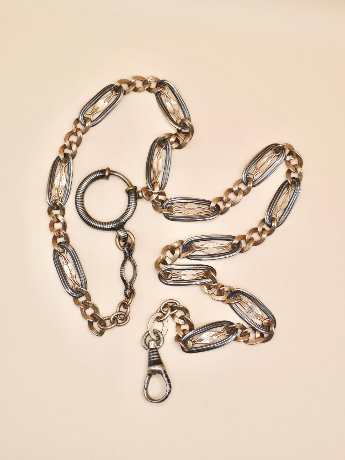 Antique Niello 800 Silver Pocket Watch Chain Necklace: 9k Rose Gold Vermeil MB52