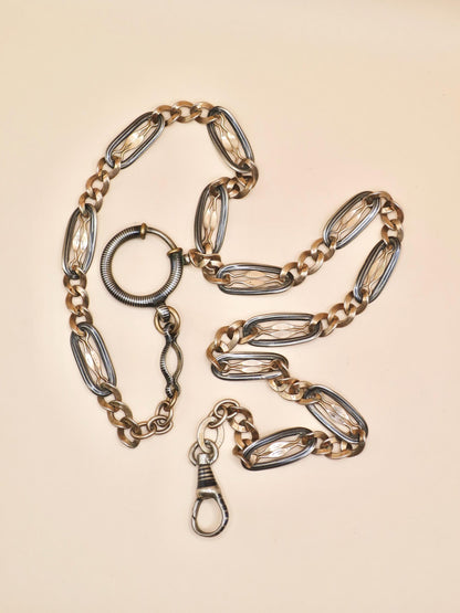 Antique Niello 800 Silver Pocket Watch Chain Necklace: 9k Rose Gold Vermeil MB52