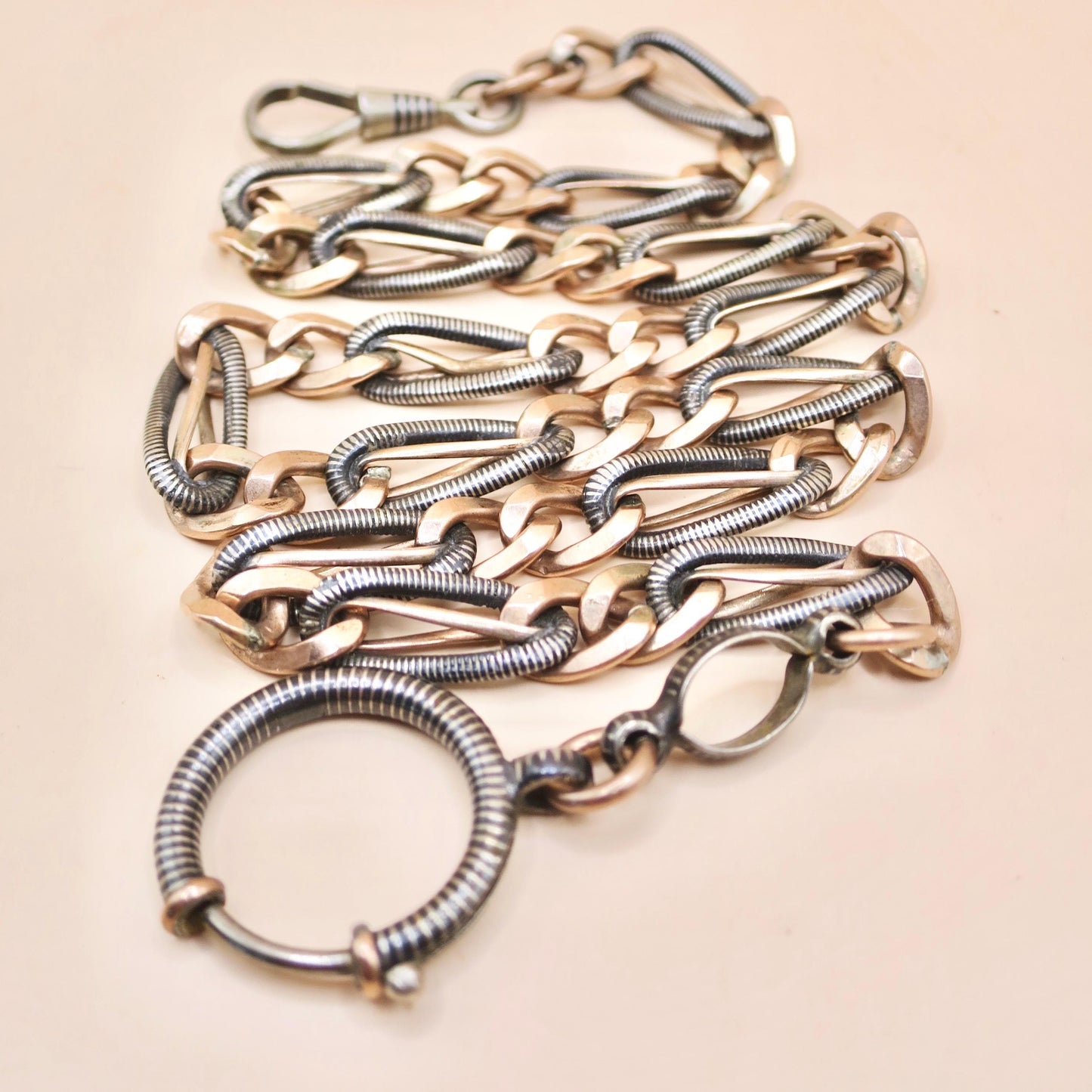 Antique Victorian Niello Silver Pocket Watch Chain Necklace: 9k Rose Gold Gilt MB17