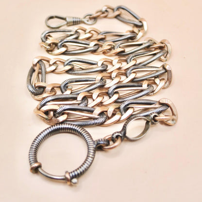 Antique Victorian Niello Silver Pocket Watch Chain Necklace: 9k Rose Gold Gilt MB17