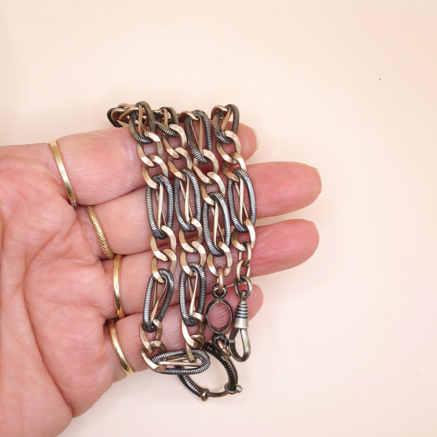 Antique Victorian Niello Silver Pocket Watch Chain Necklace: 9k Rose Gold Gilt MB17