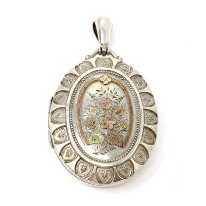 Antique Victorian Sterling Silver Forget-Me-Not Locket Pendant: Rose & Yellow Gold Vermeil, Birmingham 1876