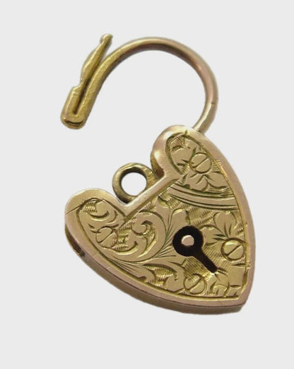 Antique Edwardian c1910 9ct Rose Gold Heart Shaped Padlock Charm or Pendant with Engraved Decoration