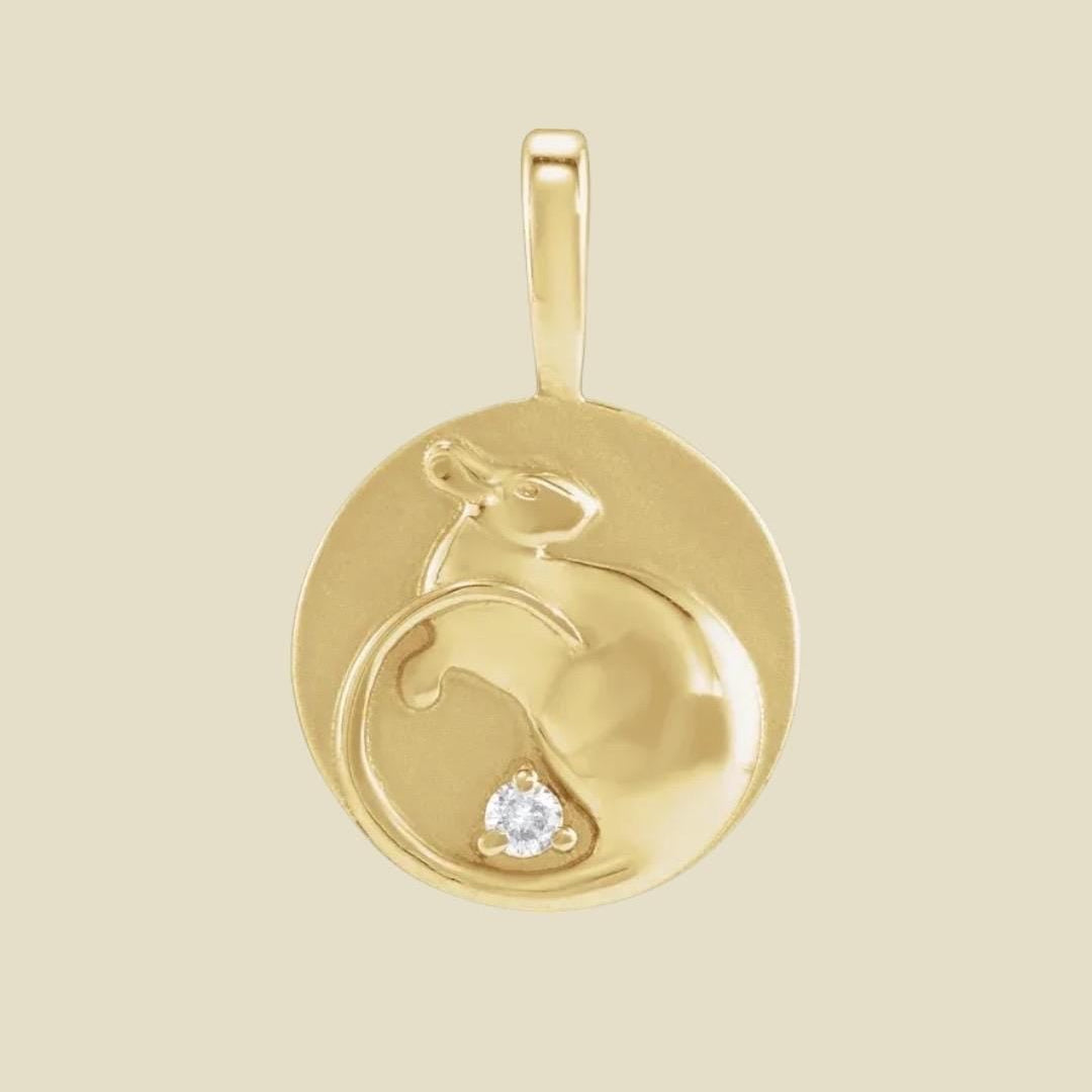 14K Yellow Gold .015 CT Natural Diamond Chinese Zodiac Year of the Rat Pendant