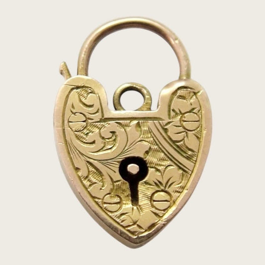 Antique Edwardian c1910 9ct Rose Gold Heart Shaped Padlock Charm or Pendant with Engraved Decoration