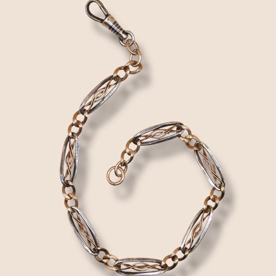 Antique Victorian Niello 800 Silver Pocket Watch Chain Bracelet - 12k Rose Gold Vermeil MB46