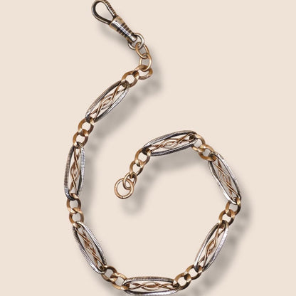 Antique Victorian Niello 800 Silver Pocket Watch Chain Bracelet - 12k Rose Gold Vermeil MB46