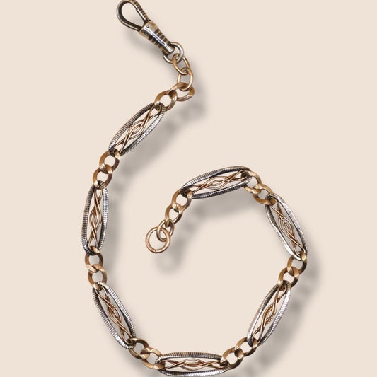 Antique Victorian Niello 800 Silver Pocket Watch Chain Bracelet - 12k Rose Gold Vermeil MB46
