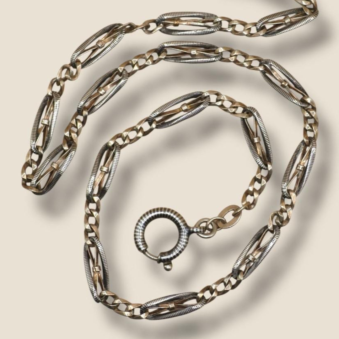 Antique Victorian Niello Silver & 9ct Rose Gold Vermeil Necklace - Victorian Chain MB43